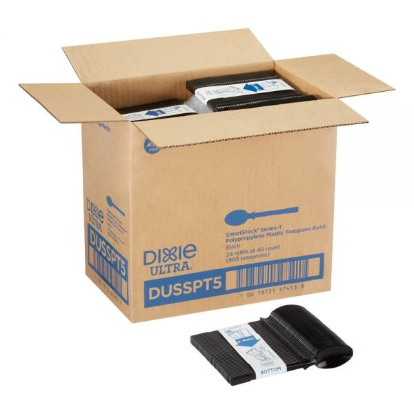 SmartStock T-Series Disposable Cutlery Refills, Polypropylene Teaspoons, Black, 40 Teaspoons Per Refill, Box Of 24 Refills (ODFN5472636)
