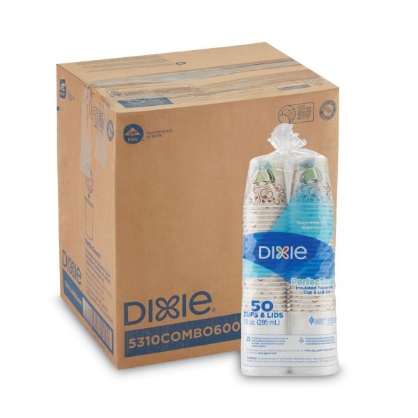 Dixie PerfecTouch Paper Hot Cups and Lids Combo, 10 oz, Coffee Haze Design, 50/Pack, 6 Packs/Carton (DXE5310CMB600CT)