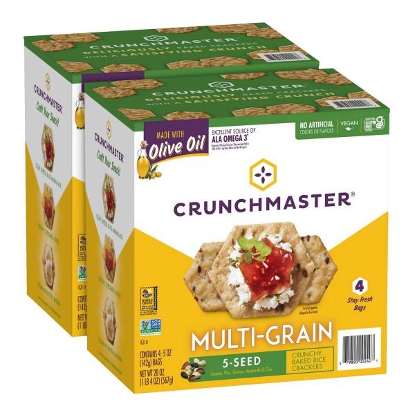 Crunchmaster 5-Seed Multi-Grain Crunchy Oven Baked Crackers, Original, 5 oz Bags, 4/Box, 2 Boxes/Carton (GRR60004077)