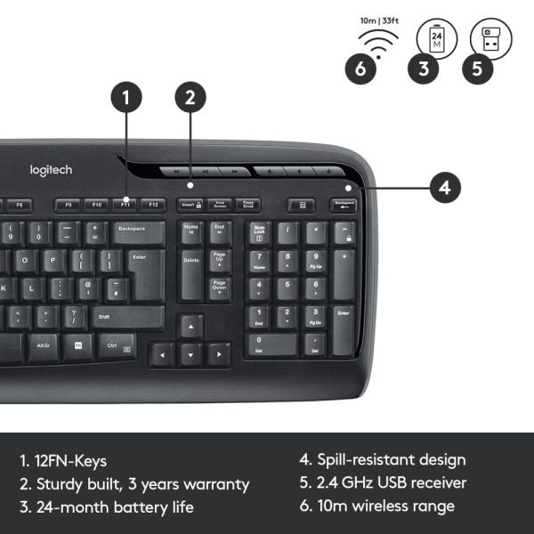 LogitechMK320 Wireless Straight Full-Size Keyboard & Ambidextrous Optical Mouse, Black (LOG920002836) - Image 9