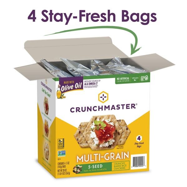 Crunchmaster 5-Seed Multi-Grain Crunchy Oven Baked Crackers, Original, 5 oz Bags, 4/Box, 2 Boxes/Carton (GRR60004077) - Image 2