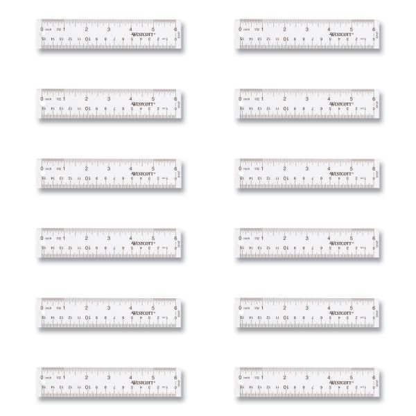 Westcott Clear Flexible Acrylic Ruler, Standard/Metric, 6" (15 cm) Long, Clear, 12/Box (ACM17723)