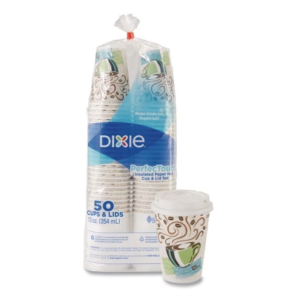 Dixie PerfecTouch Paper Hot Cups and Lids Combo, 10 oz, Coffee Haze Design, 50/Pack, 6 Packs/Carton (DXE5310CMB600CT) - Image 4