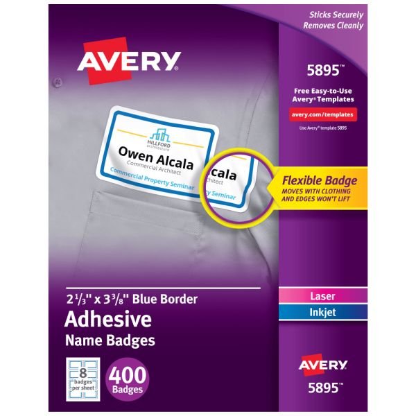 Avery Flexible Name Badge Labels, 5895, 2 1/3" x 3 3/8", White With Blue Border, Box Of 400 (AVE5895)