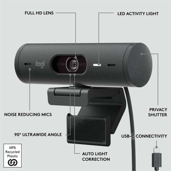 Logitech Brio 500 Full HD webcam, auto framing, noise-reducing mics, privacy shutter, streaming & video calling, Graphite (ETLZ1074900299) - Image 5