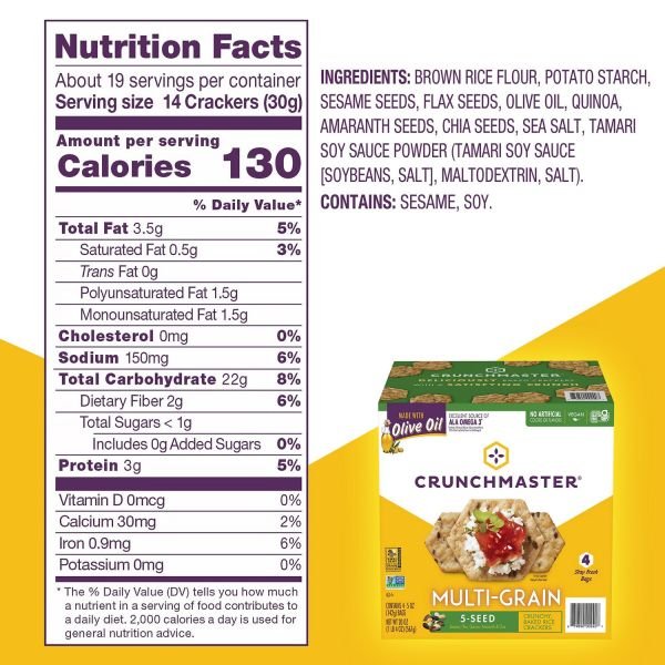 Crunchmaster 5-Seed Multi-Grain Crunchy Oven Baked Crackers, Original, 5 oz Bags, 4/Box, 2 Boxes/Carton (GRR60004077) - Image 4
