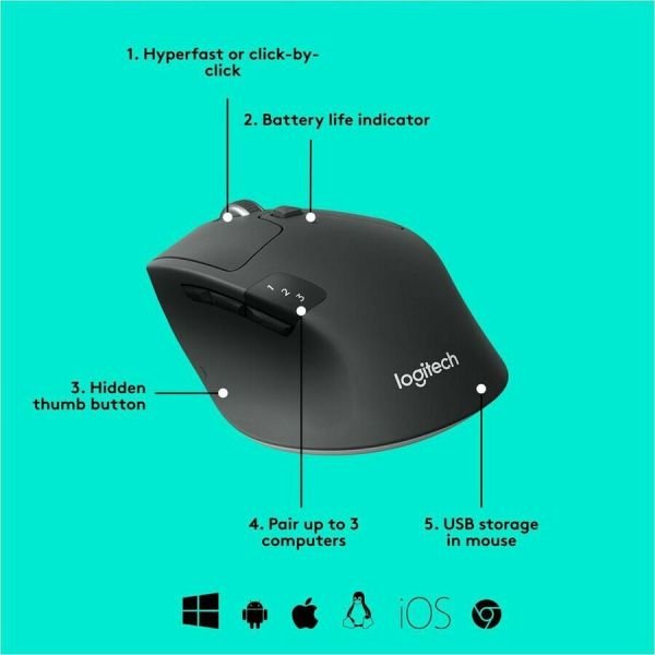 Logitech M720 Triathlon Wireless Mouse, 2.4 GHz Frequency, 33 ft Wireless Range, Right Hand Use, Black (LOG910004790) - Image 5