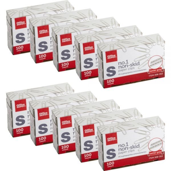 Non-Skid Paper Clips, No. 1, Small, Silver, Pack Of 10 Boxes, 100 Per Box, 1000 Total (ODFN308353)