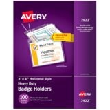 Avery(R) Heavy Duty Badge Holders, 3" x 4" , 100 Horizontal ID Badge Holders with Cords (2922) (AVE2922)