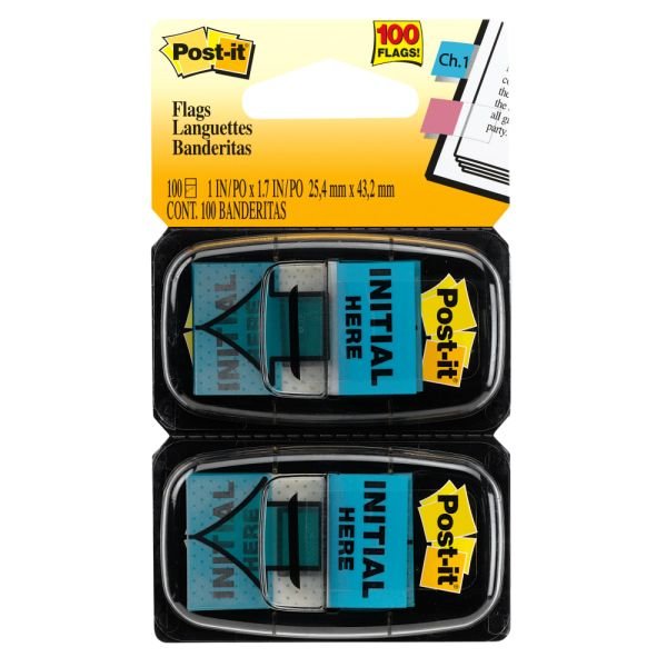 Post-it Printed Flags, "Initial Here", 1" x 1-11/16", Bright Blue, 50 Flags Per Pad, Pack Of 2 Pads (MMM680IH2)