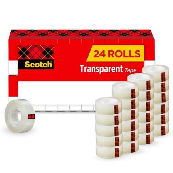 Scotch Transparent Tape, 24 Tape Rolls, 3/4 in x 1000 in, Home Office Supplies and School Supplies for College and Classrooms (MMM600K24)