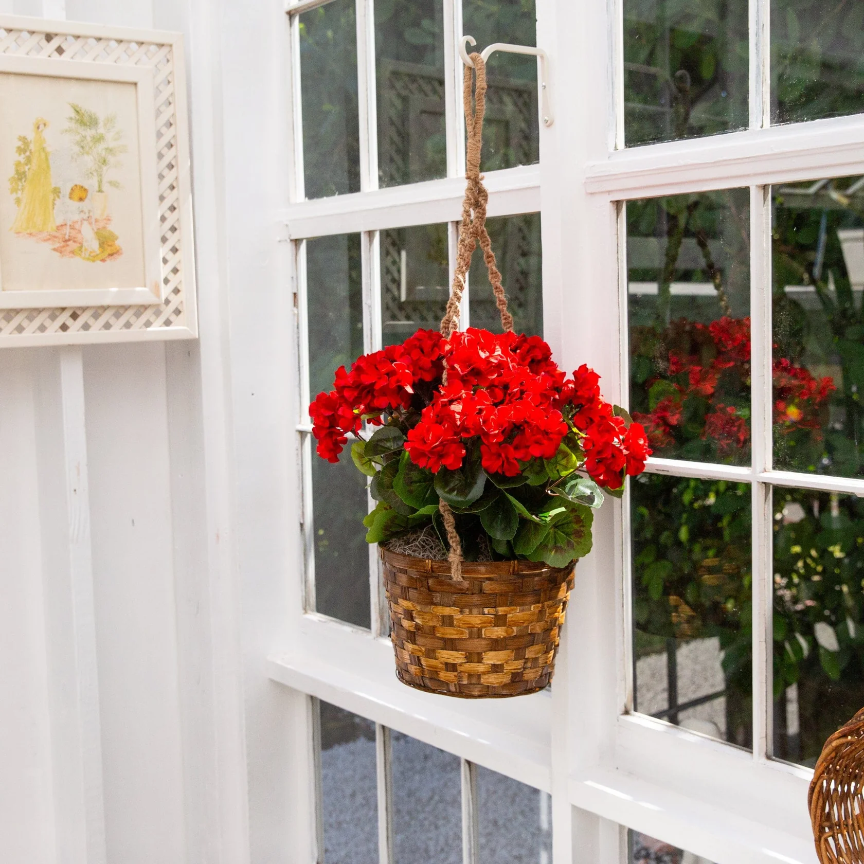 19” Geranium Hanging Basket Artificial Plant UV Resistant (Indoor/Outdoor) (6421-WH) - Image 3