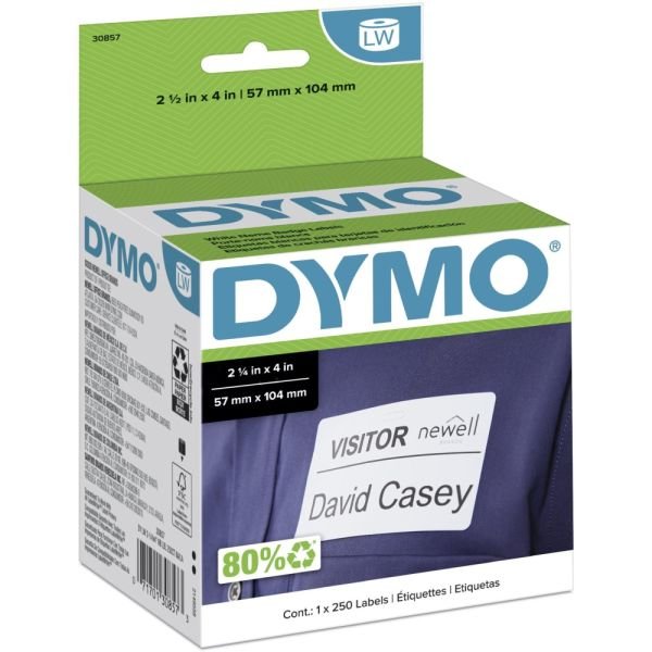 DYMO Self-Adhesive Name Badge Labels, 2.25" x 4", White, 250 Labels/Box (DYM30857)
