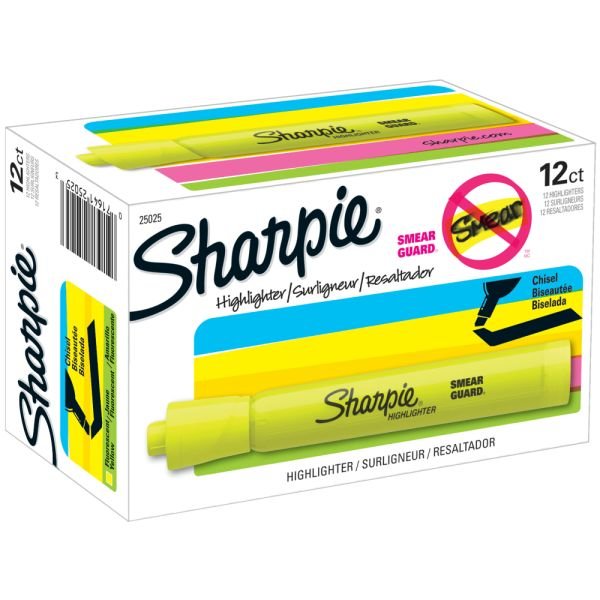 Sharpie Tank Highlighters, Chisel Tip, Fluorescent Yellow, 12 Count (SAN25025)