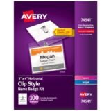Avery Customizable Name Badges With Clips, Rectangle, 74541, 3" x 4", Clear Holders With White Inserts, 100 Badges (AVE74541)