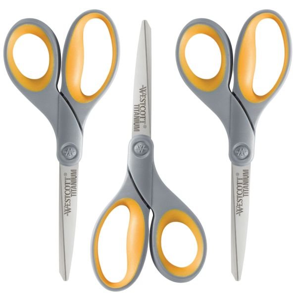 Westcott 8” Titanium Scissors, Pointed, Yellow/Gray, Set Of 3 Scissors (ODFN7939494)