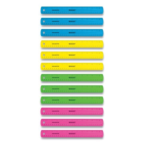Westcott Non-Shatter Flexible Ruler, Standard/Metric, 12" (30 cm) Long, Plastic, Assorted Translucent Colors, 12/Box (ACM17721)